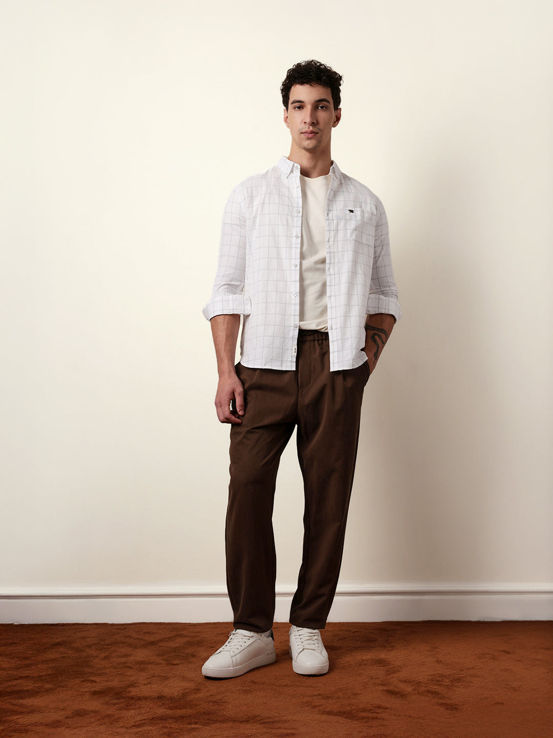 White Slim Fit Casual Shirt with Woven Block Checks