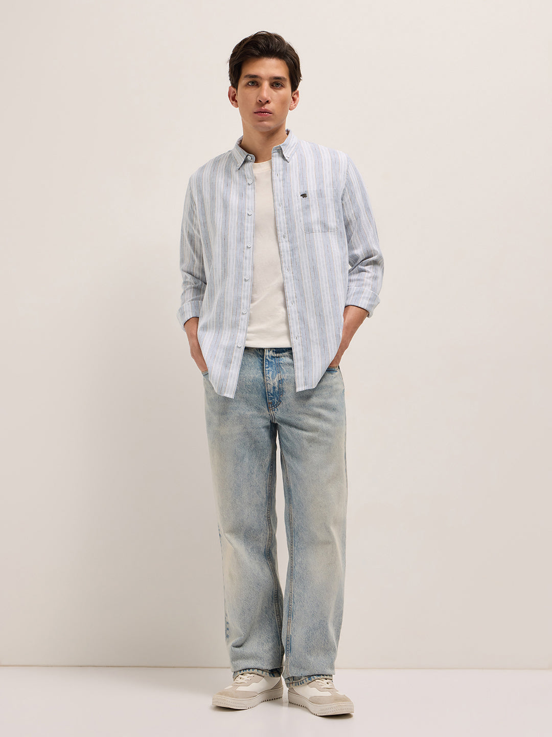Blue with White Vertical Stripes Slim Fit Casual Shirt