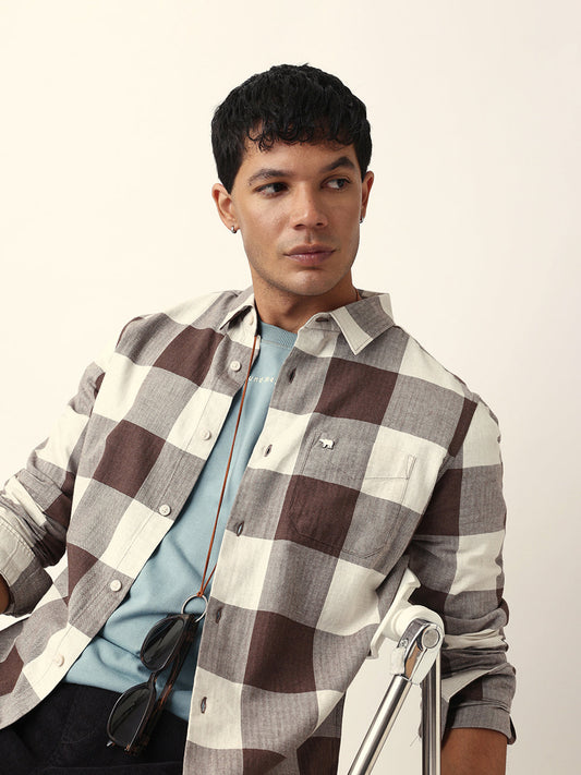 Brown with Cream Woven Checks Slim Fit Casual Shirt