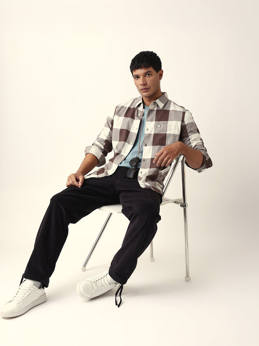 Brown with Cream Woven Checks Slim Fit Casual Shirt