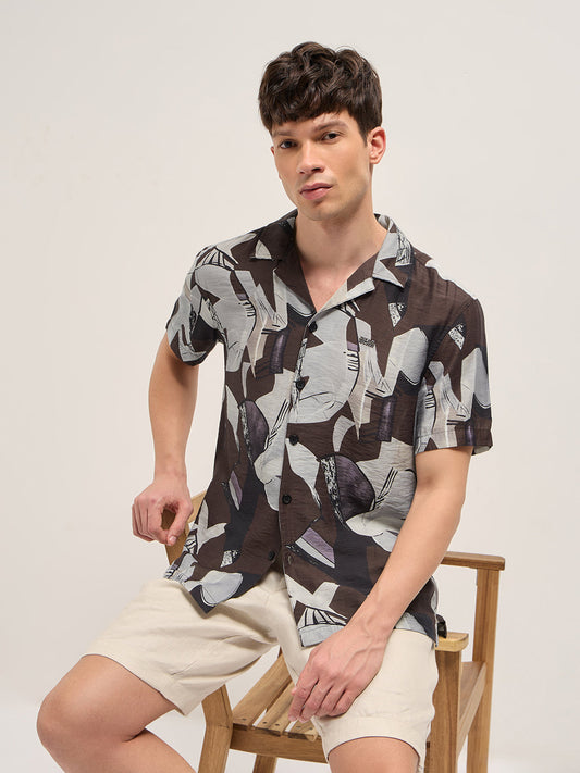 Brown Bold Abstract Print Relaxed Fit Cuban Collar Viscose Shirt