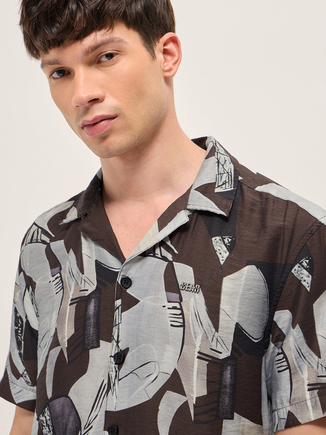 Brown Bold Abstract Print Relaxed Fit Cuban Collar Viscose Shirt