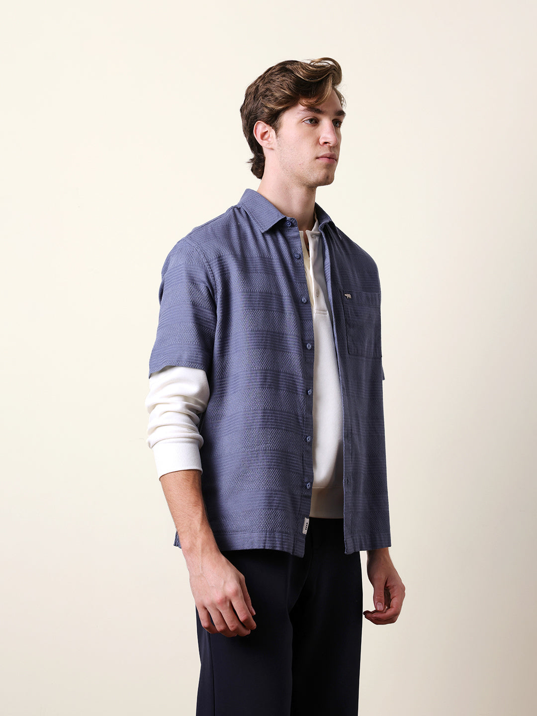 Blue Relaxed Fit Casual Half Sleeve Shirt with Textured Horizontal Stripes