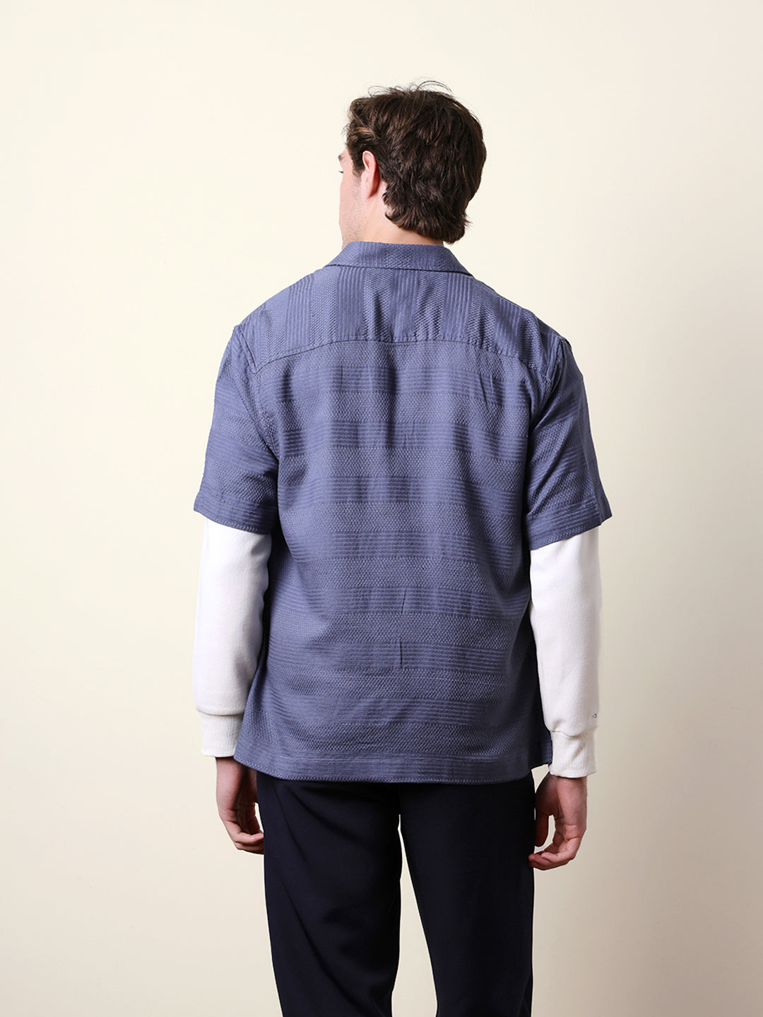 Blue Relaxed Fit Casual Half Sleeve Shirt with Textured Horizontal Stripes