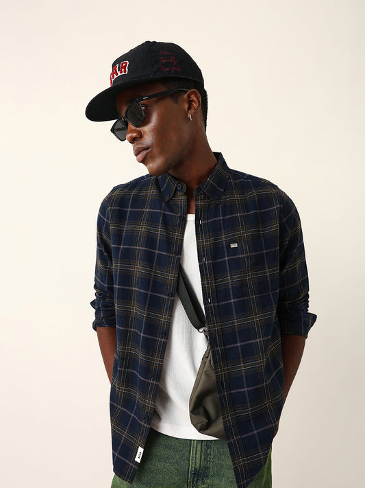Blue & Mustard Woven Checked Slim Fit Casual Shirt