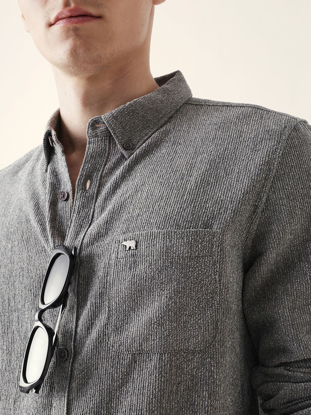 Grey Textured Woven Striped Slim Fit Casual Shirt