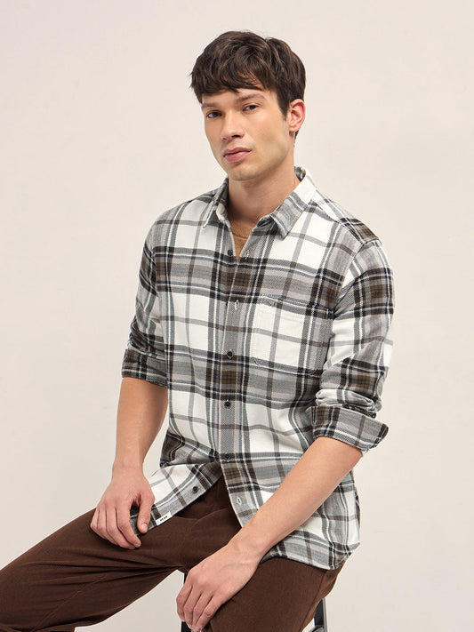 Cream & Brown Woven Check Regular Fit Casual Shirt
