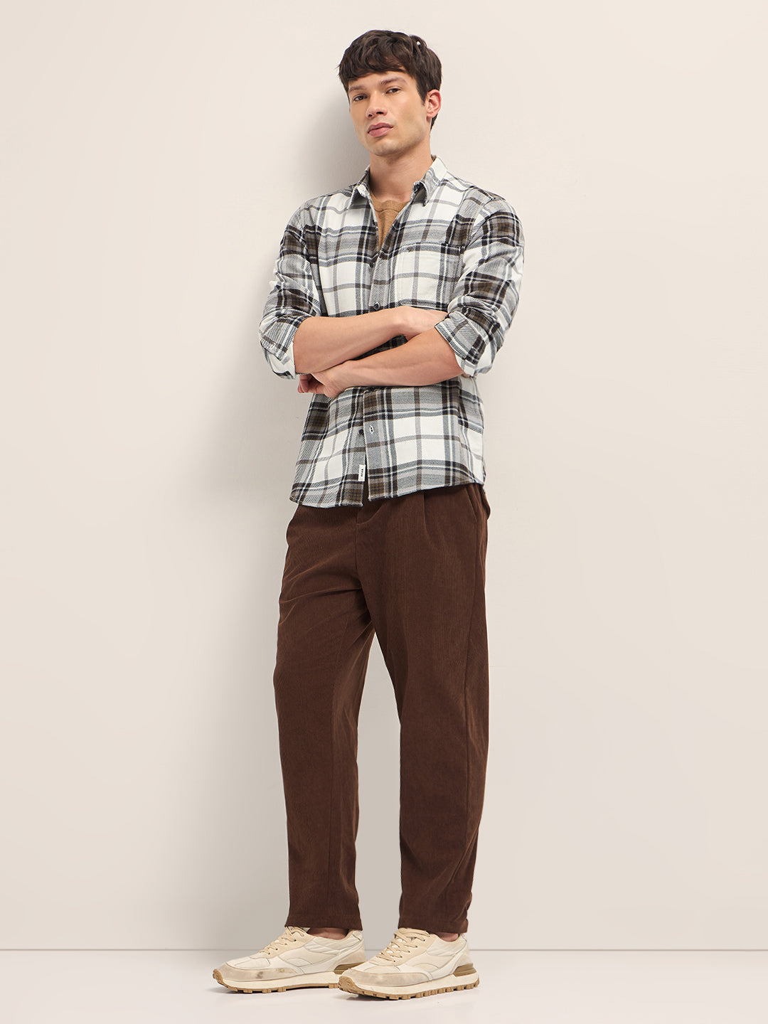 Cream & Brown Woven Check Regular Fit Casual Shirt