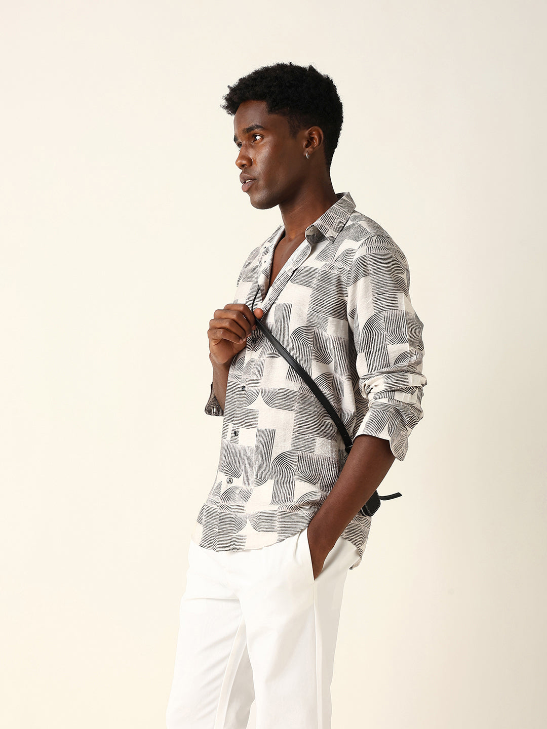 Beige & Black Geometric Printed Regular Fit Casual Shirt