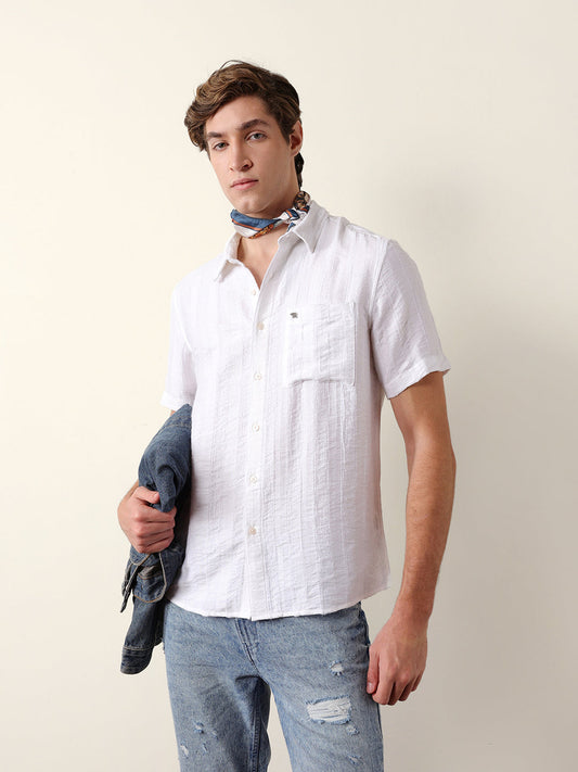 White Vertical Stripe Dobby Woven Regular Fit Casual Shirt