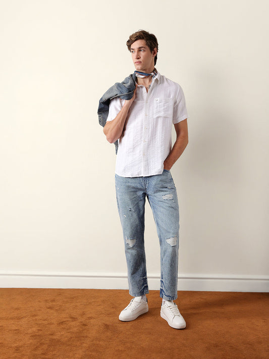 White Vertical Stripe Dobby Woven Regular Fit Casual Shirt