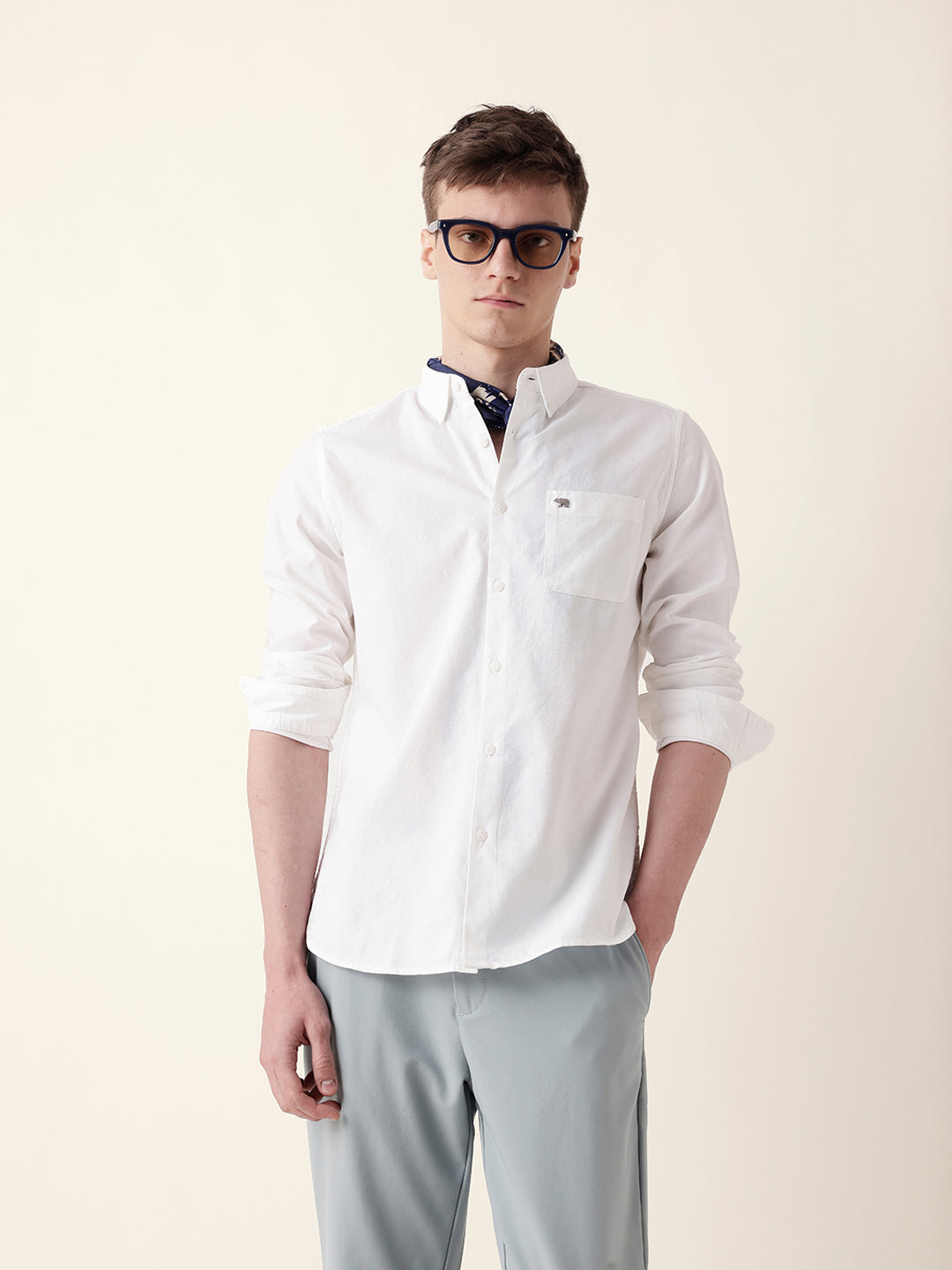 White Solid Slim-Fit Casual Shirt with Button-Down Collar