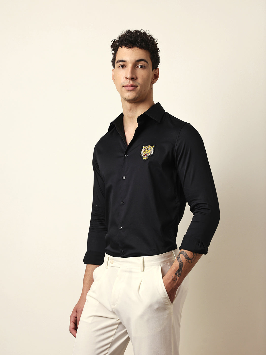 Black Tailored Fit Tiger Embroidery Formal Party Shirt