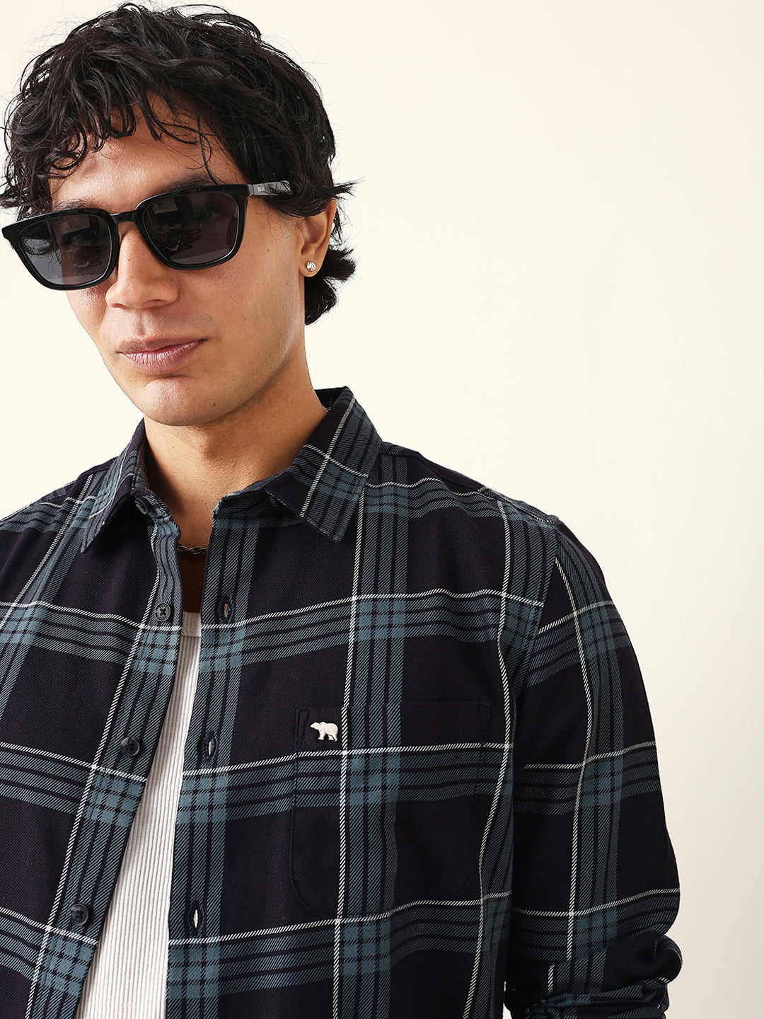 Black Woven Tartan Checked Slim Fit Casual Shirt