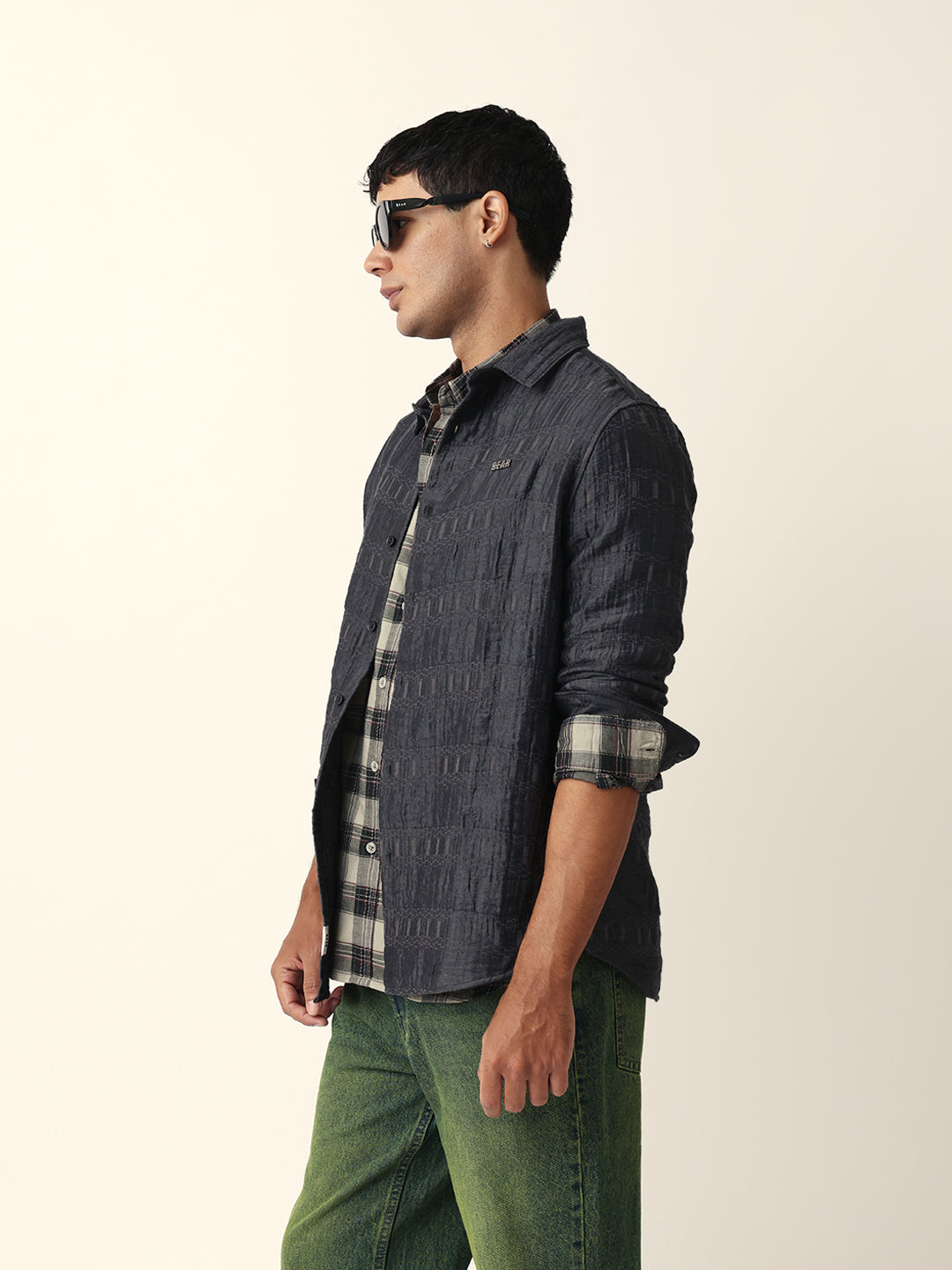 Grey Textured Woven Self-Design Slim Fit Casual Shirt