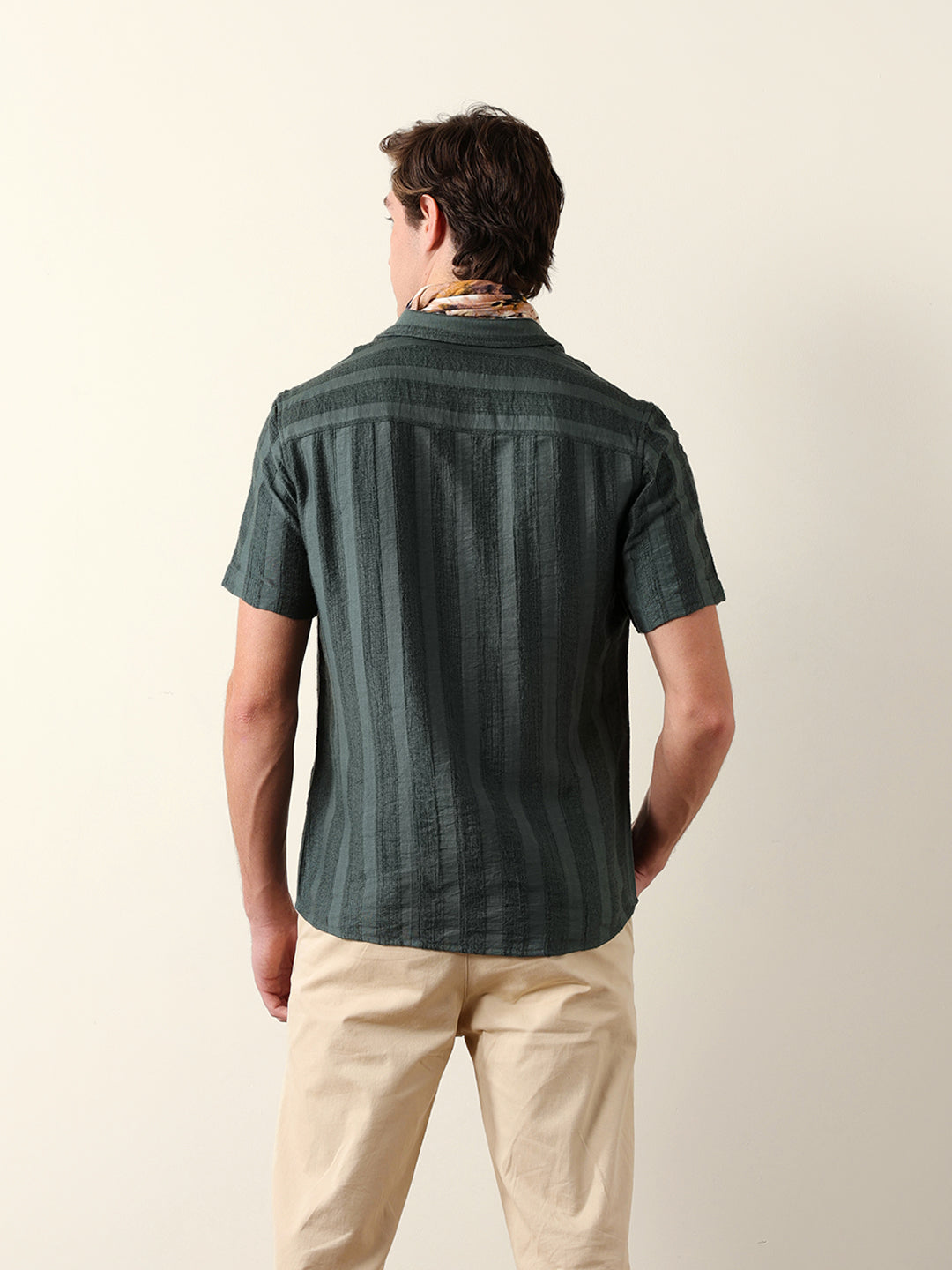 Olive Vertical Stripe Dobby Woven Regular Fit Casual Shirt