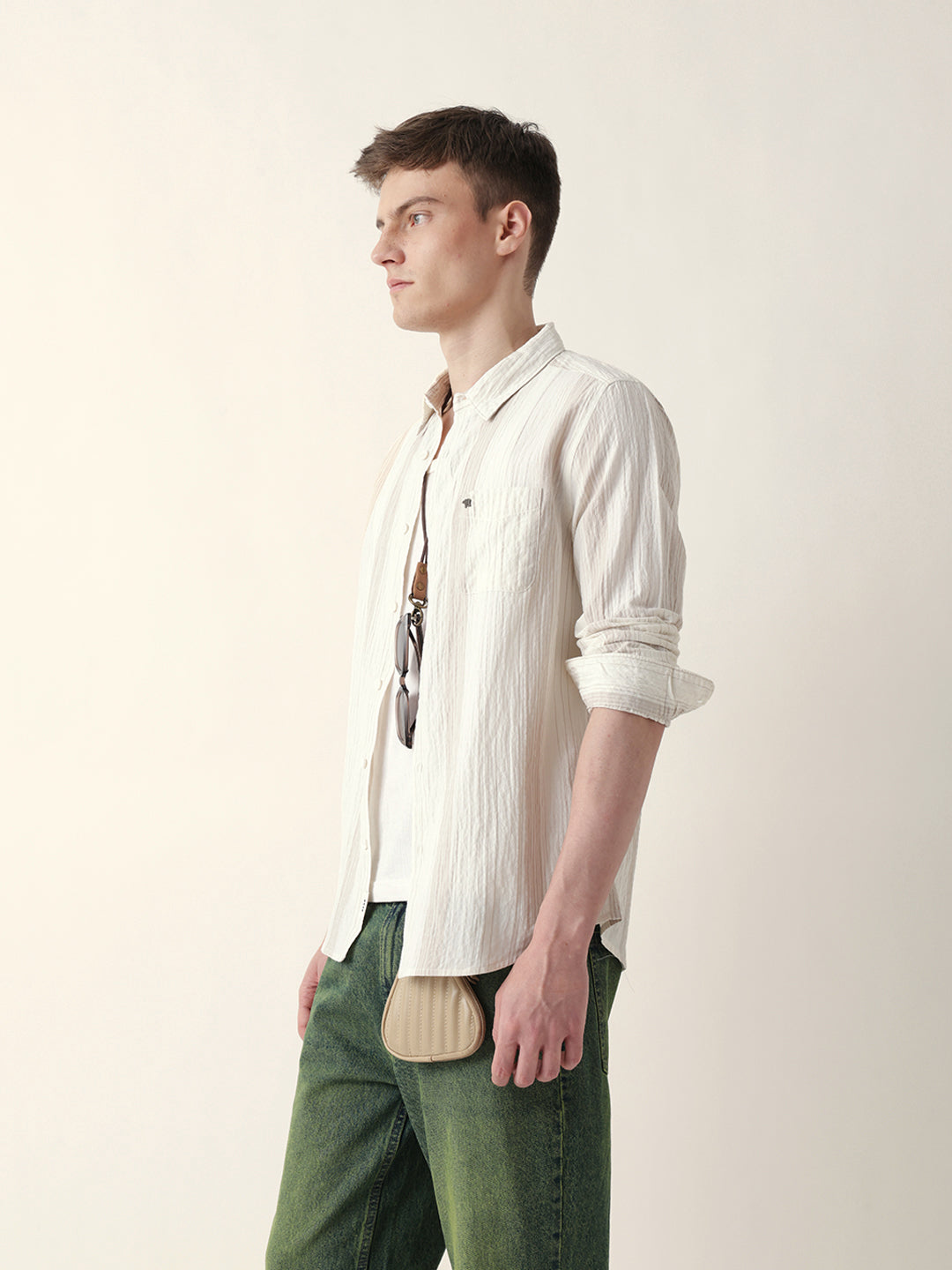 Cream Crinkled Vertical Striped Slim Fit Casual Shirt