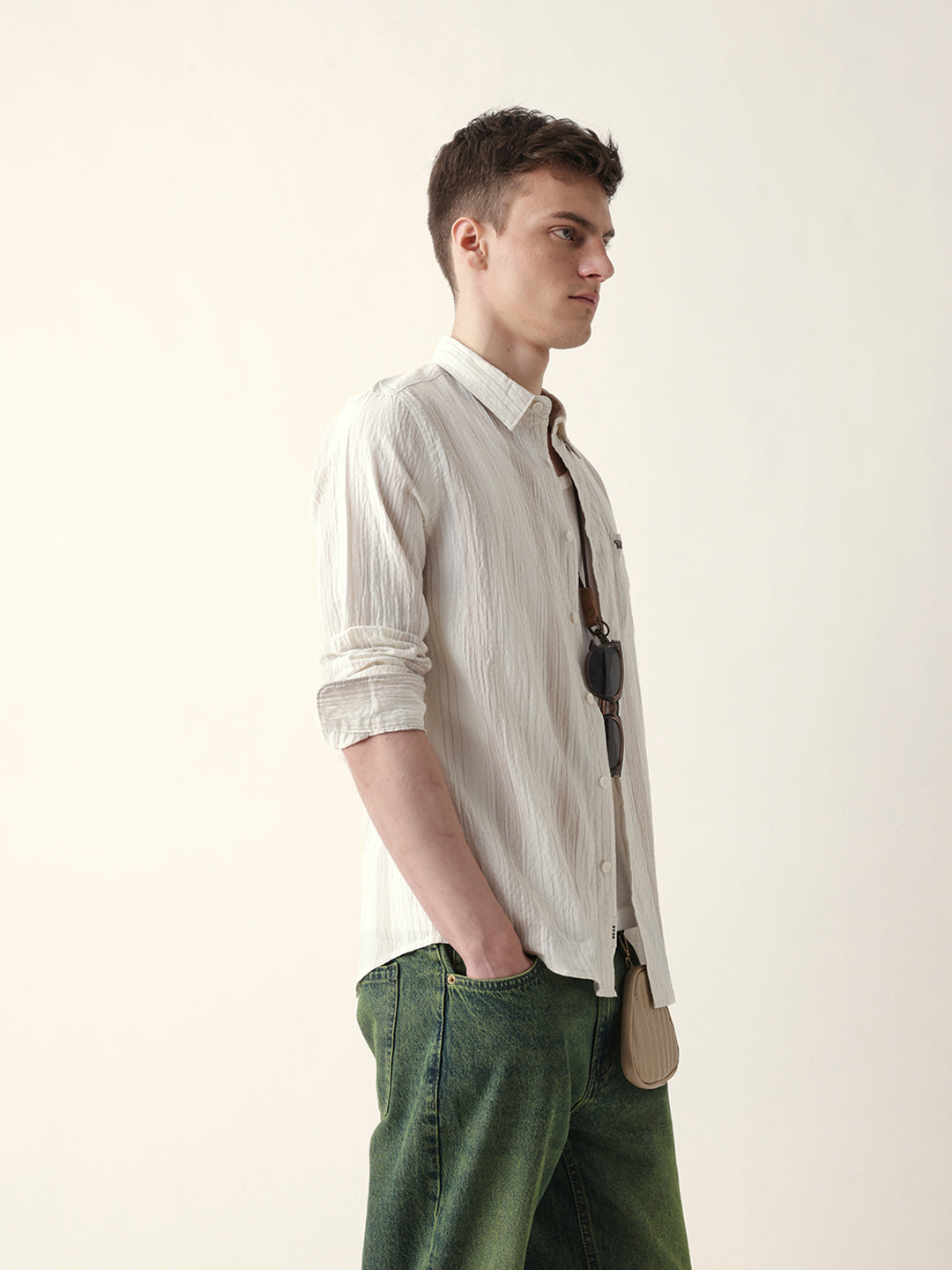 Cream Crinkled Vertical Striped Slim Fit Casual Shirt