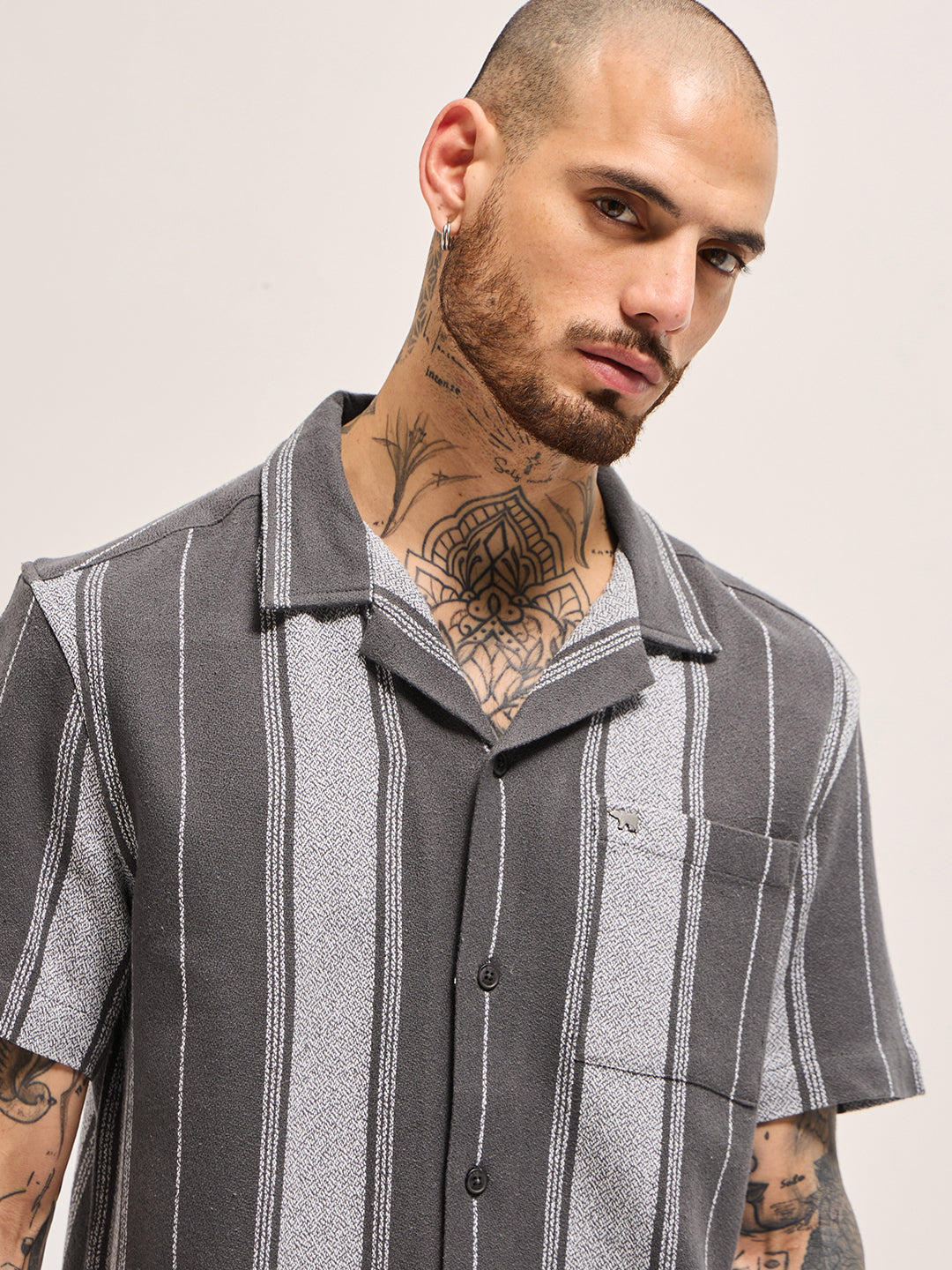 Grey Striped Regular Fit Casual Shirt with Cuban Collar Design