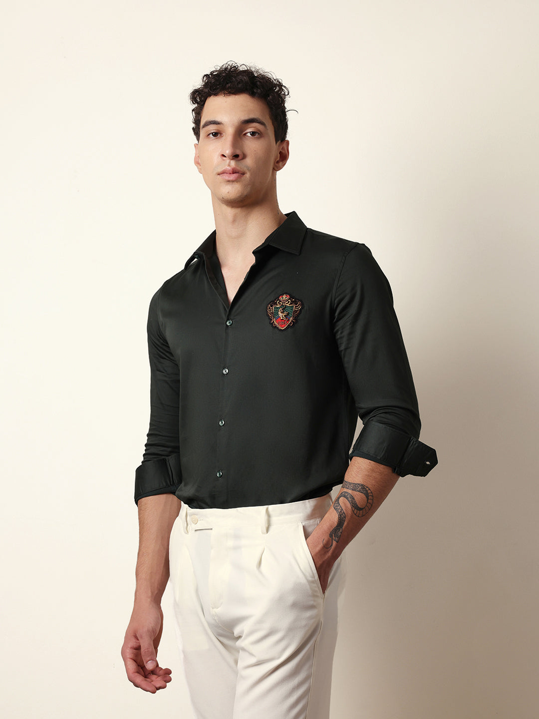 Dark Green Tailored Fit Regal Crest Embroidery Formal Party Shirt