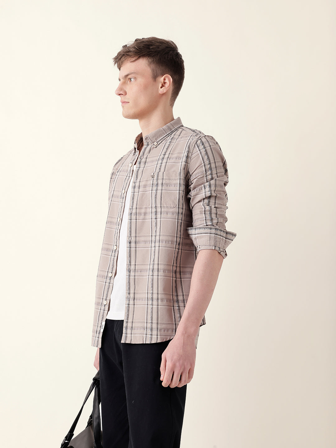 Beige Woven Tartan Checked Slim Fit Casual Shirt