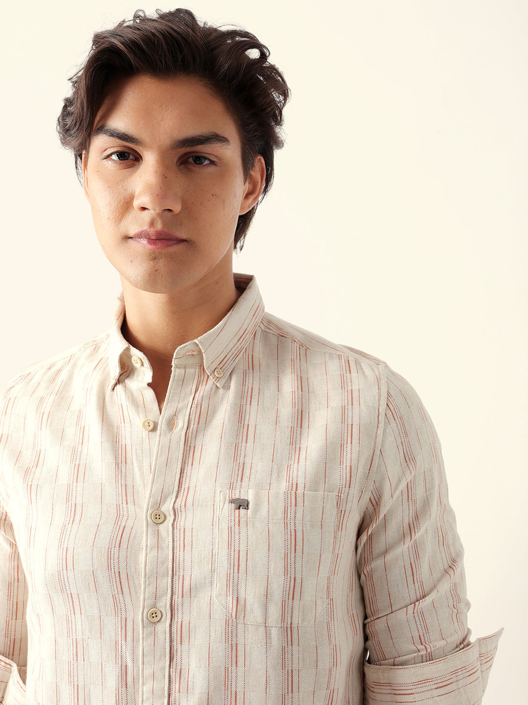 Brown Vertical-Striped Slim Fit Casual Shirt with Subtle Check