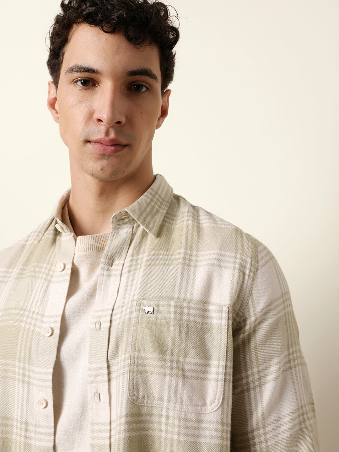 Green & Cream Tartan Check Flannel Regular Fit Casual Shirt