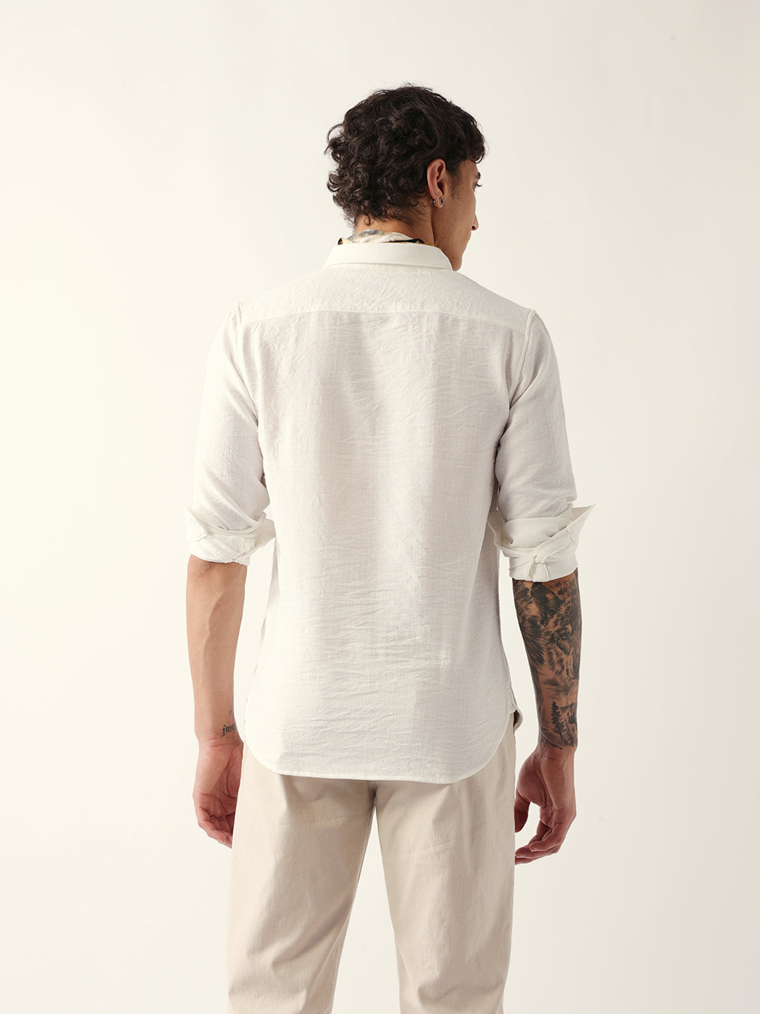 White Slub-Textured Woven Slim Fit Casual Shirt