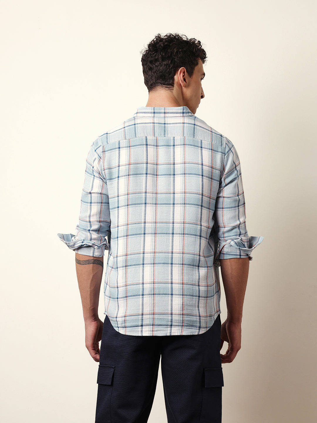 Sky Blue Textured Woven Check Slim Fit Casual Shirt
