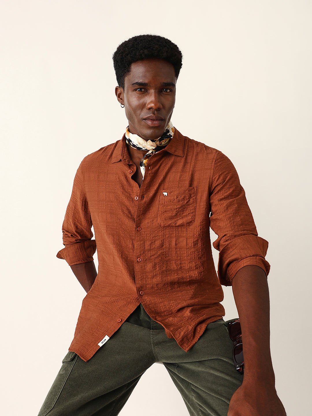 Rust Slim Fit Casual Shirt with Woven Textured Check Design