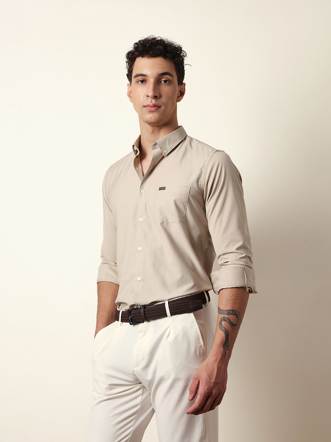 Beige Solid Slim Fit Casual Shirt with a Classic Semi-Formal Look
