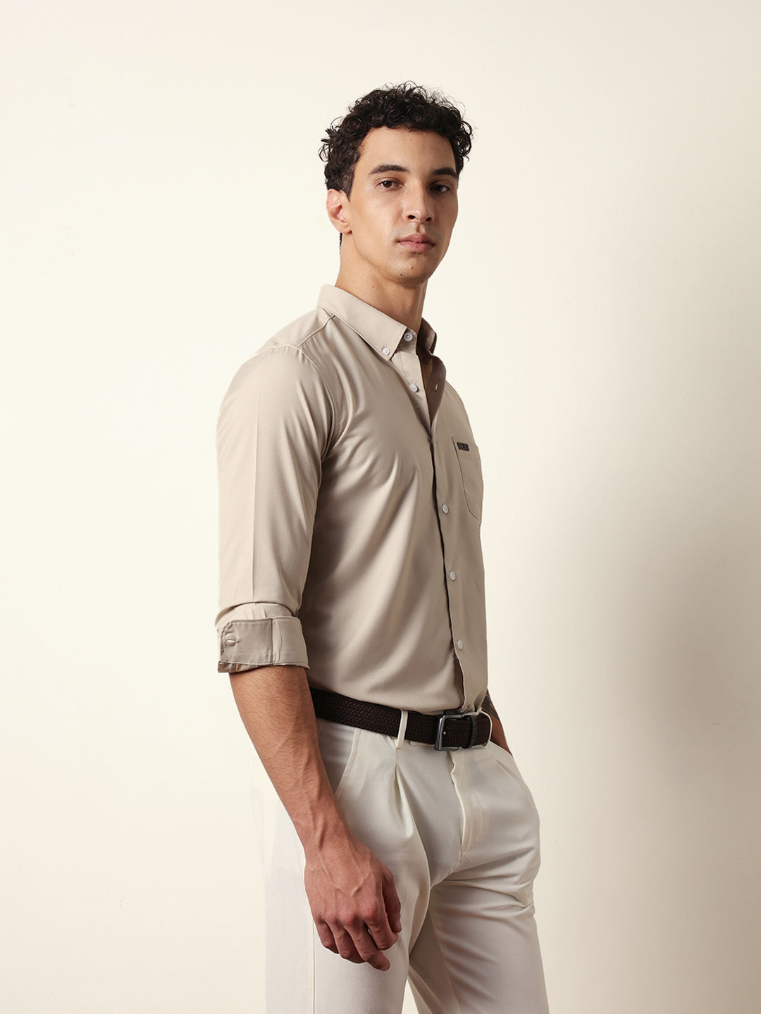 Beige Solid Slim Fit Casual Shirt with a Classic Semi-Formal Look