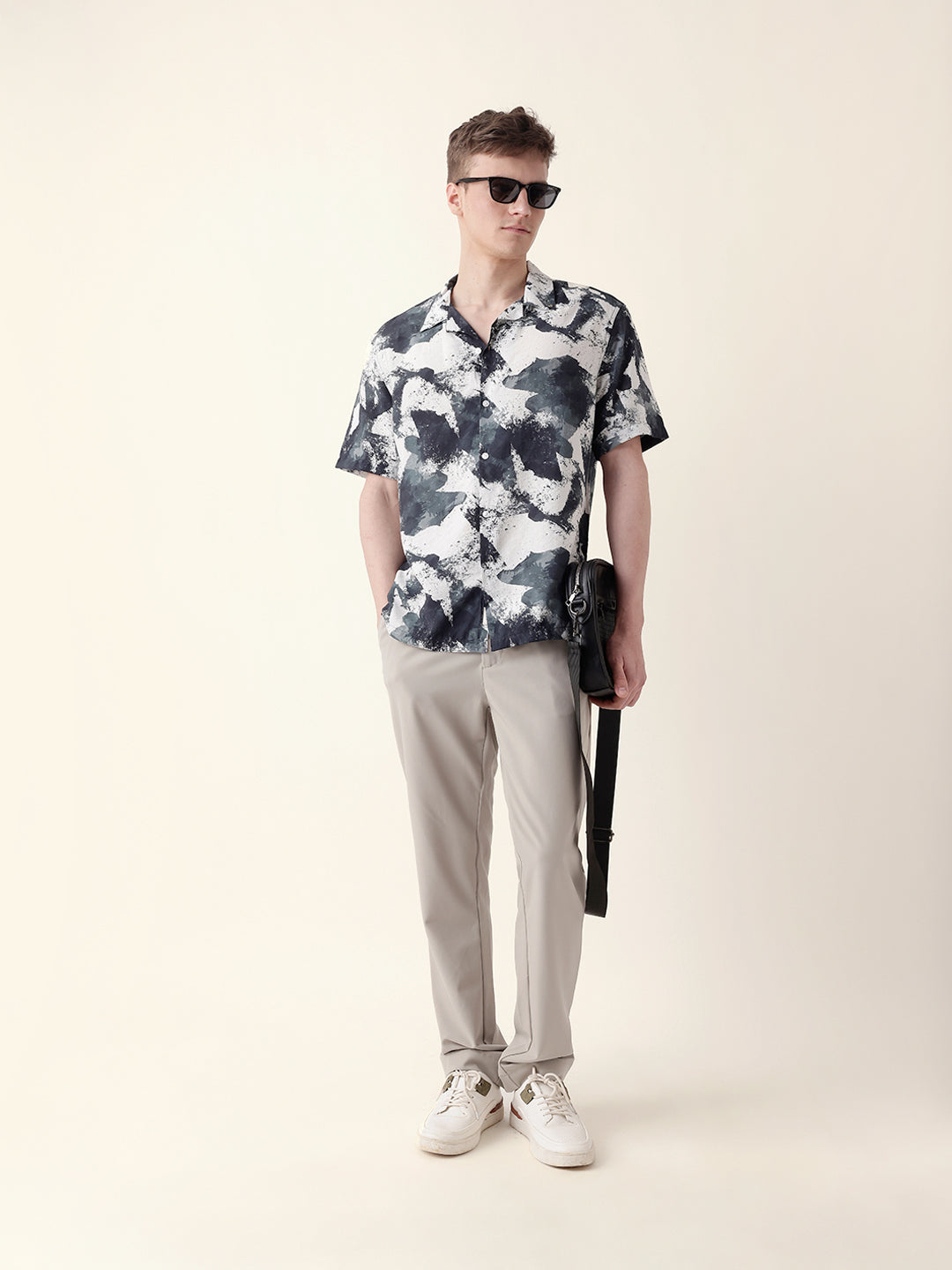 Black & Grey Bold Abstract Paint-Splash Printed Relaxed Fit Short Sleeve Shirt