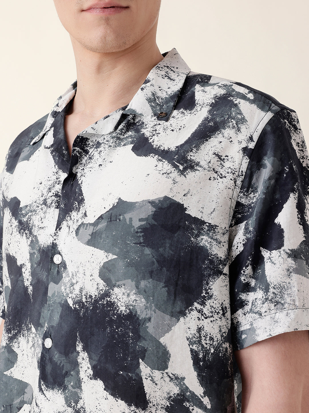 Black & Grey Bold Abstract Paint-Splash Printed Relaxed Fit Short Sleeve Shirt