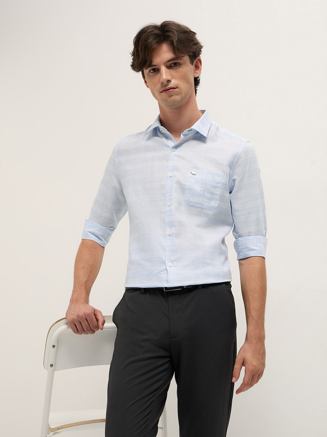 Light Blue Woven Checked Design Tailored Fit Formal Shirt