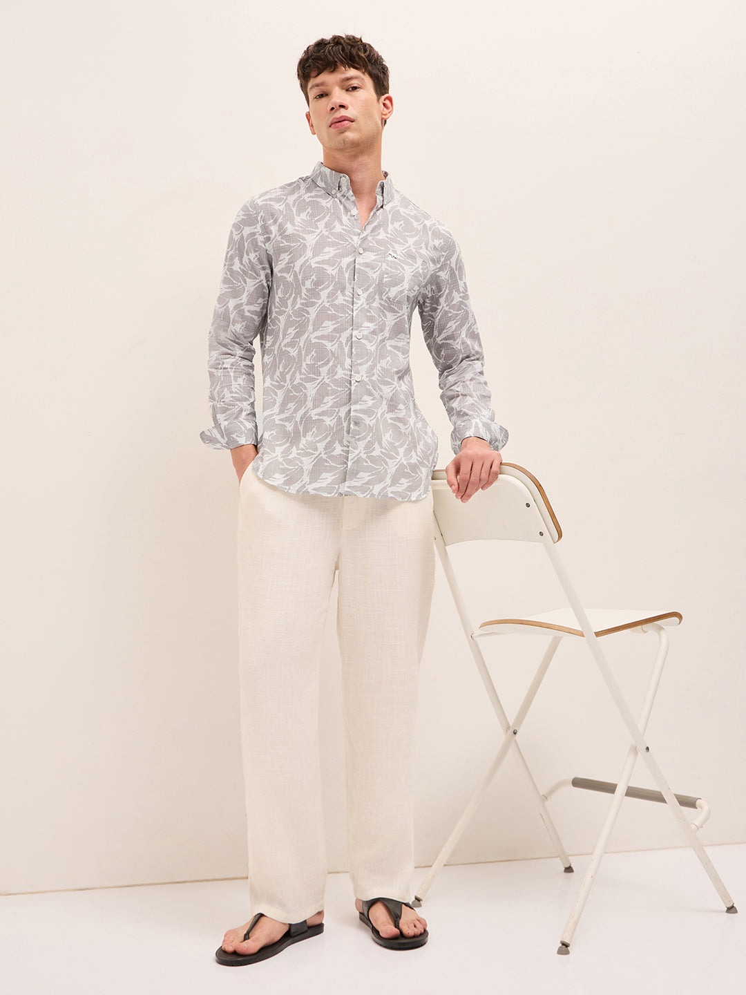 Beige Slim Fit Casual Shirt with All-Over Leaf Motif Print