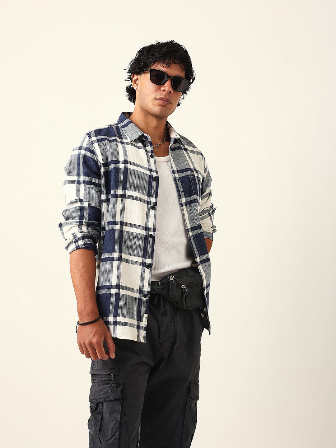 White & Blue Herringbone Flannel Checked Regular Fit Casual Shirt