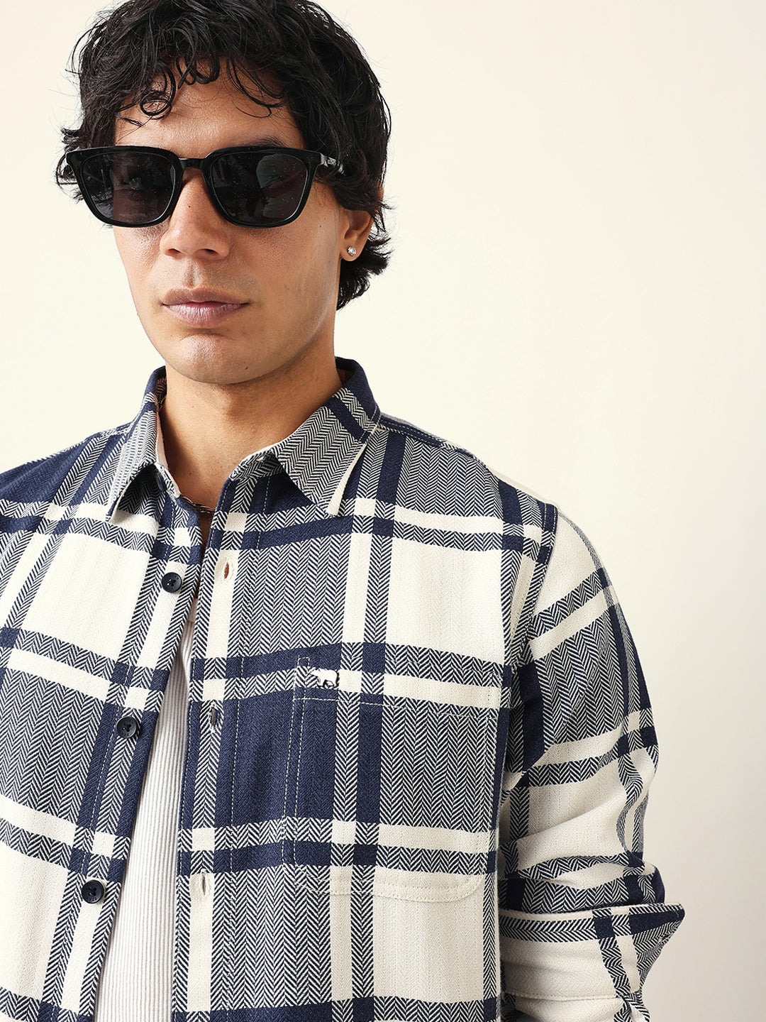 White & Blue Herringbone Flannel Checked Regular Fit Casual Shirt