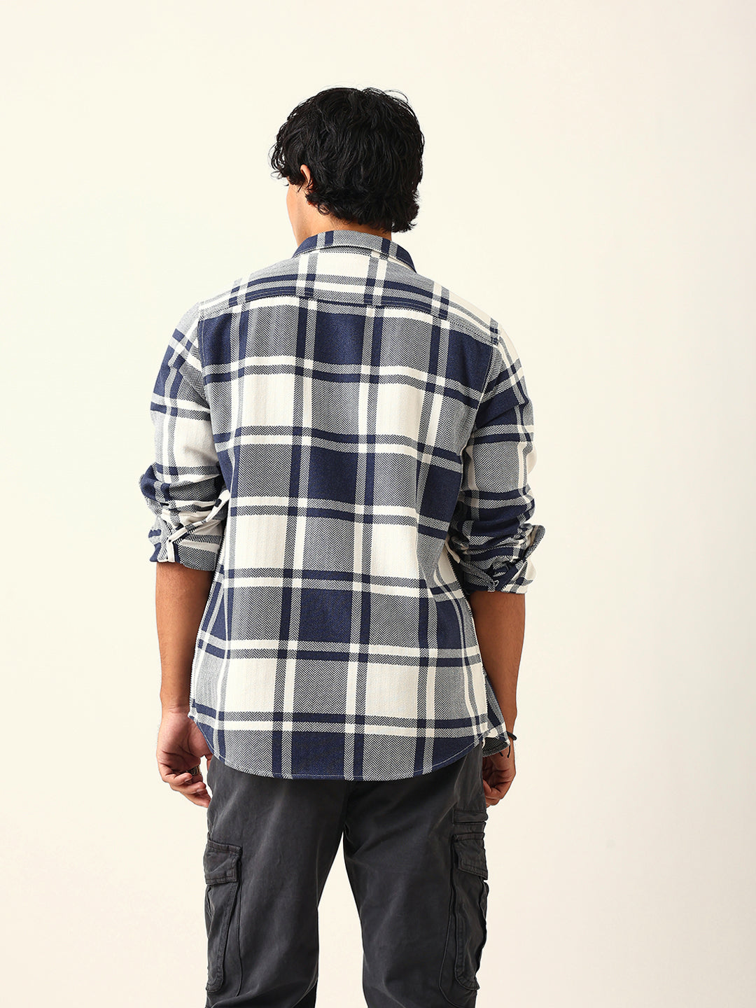 White & Blue Herringbone Flannel Checked Regular Fit Casual Shirt
