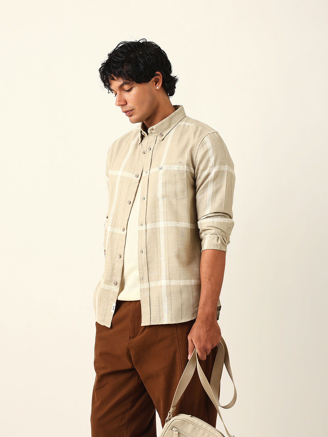Beige & White Woven Checked Slim Fit Casual Shirt with Button-Down Collar