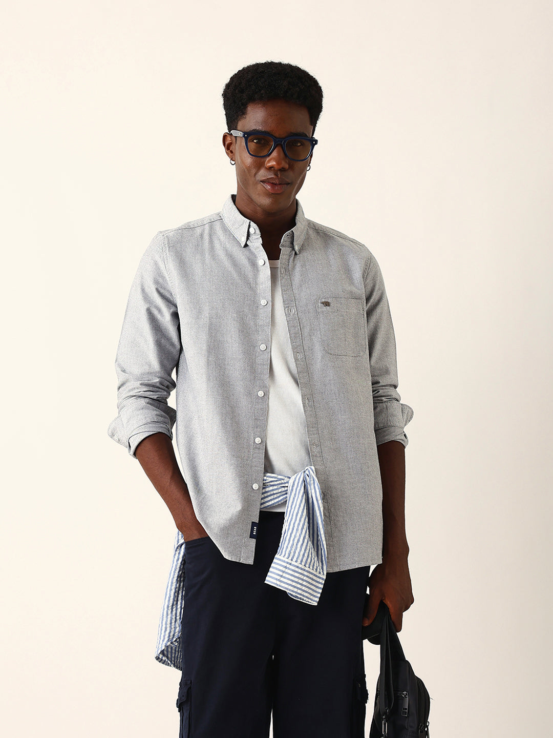 Light Grey Cotton Solid Slim Fit Casual Shirt