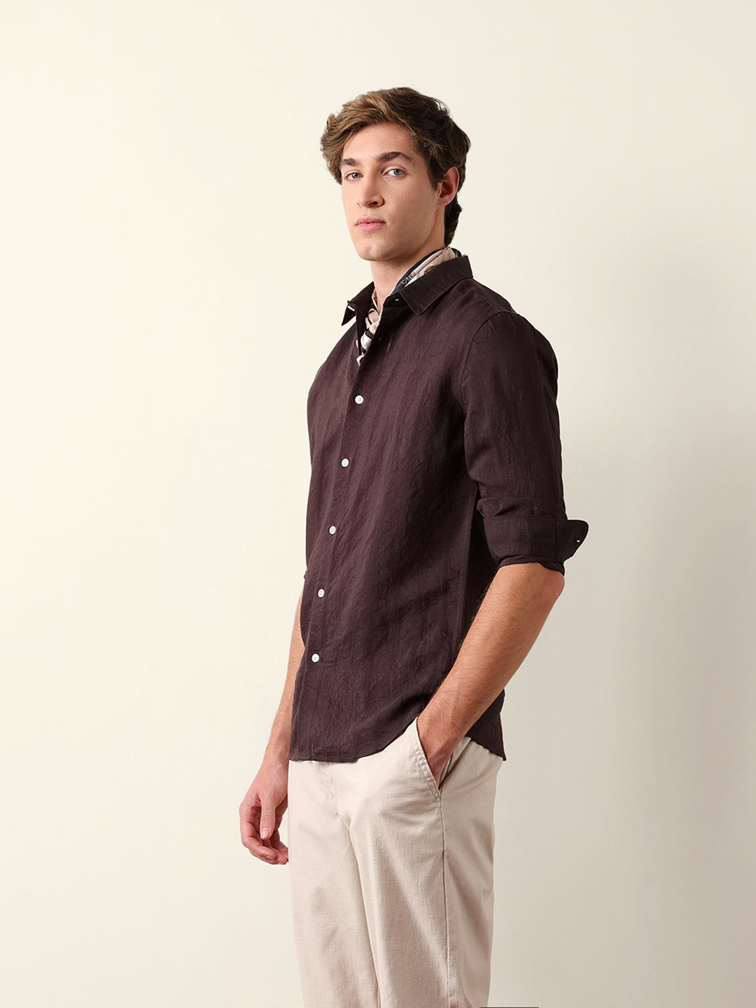 Brown Slim Fit Casual Shirt with Woven Semi-Transparent Vertical Stripes