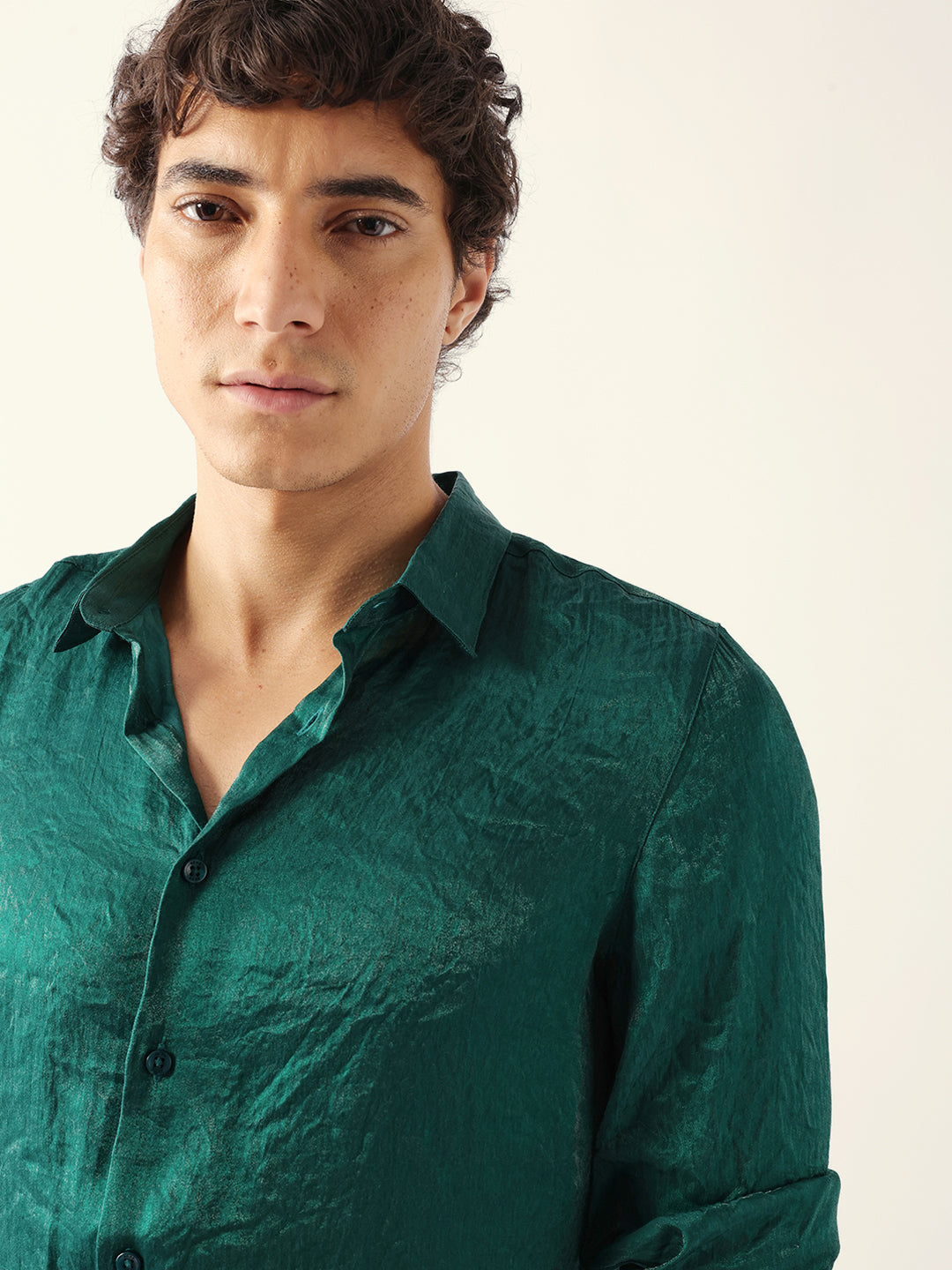 Green Regular Fit Casual Shirt with Crinkle Effect & Subtle Sheen Finish
