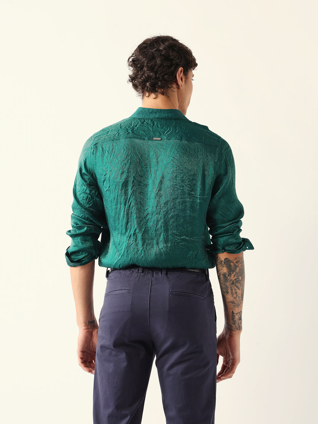 Green Regular Fit Casual Shirt with Crinkle Effect & Subtle Sheen Finish
