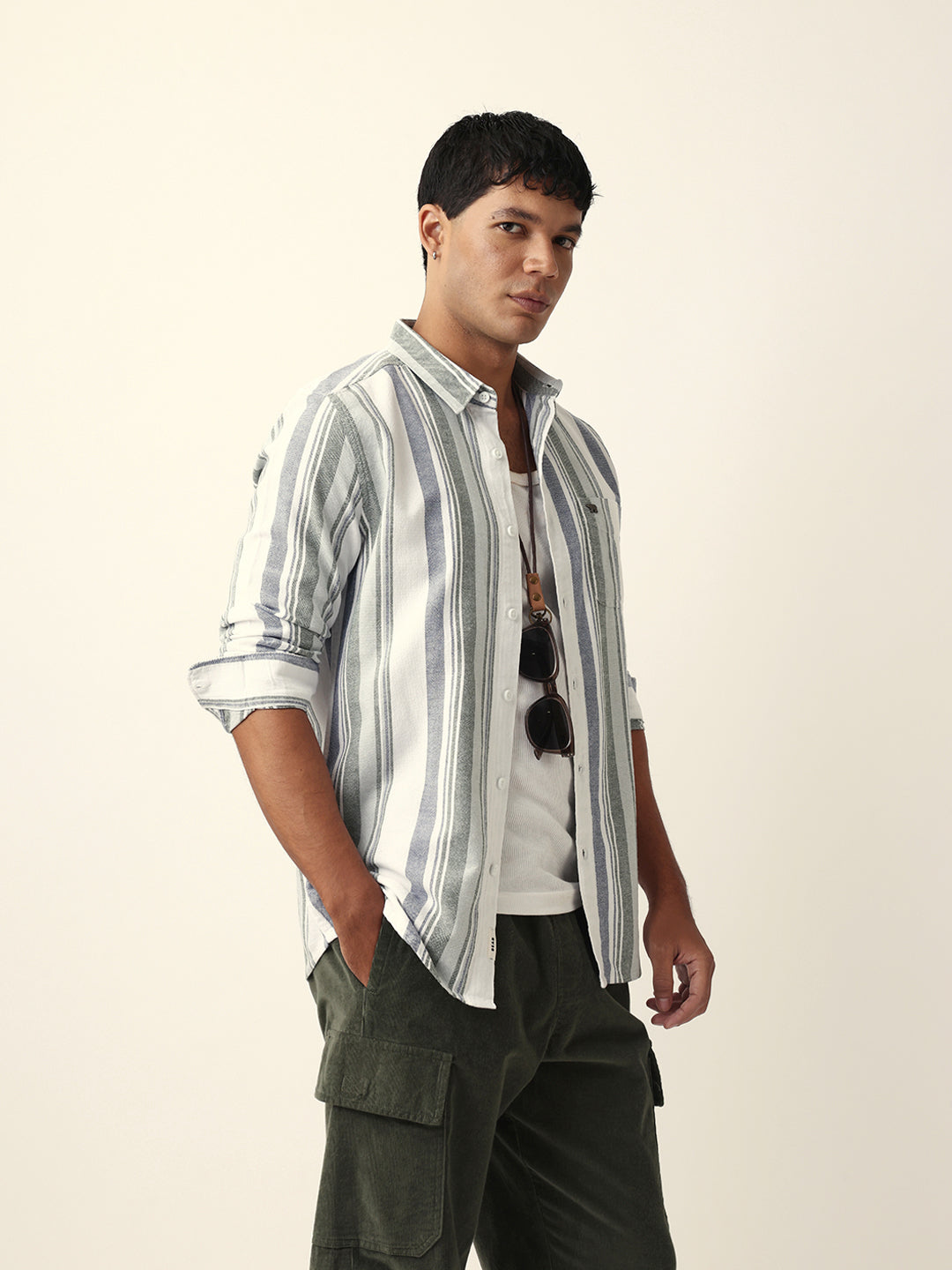 Multicolor Vertical Woven Stripe Slim Fit Casual Shirt