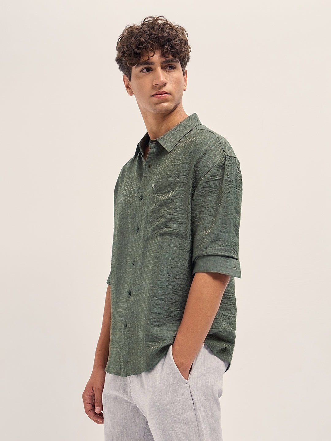 Green Crinkled Stripe Textured Relaxed Fit Long Sleeve Shirt
