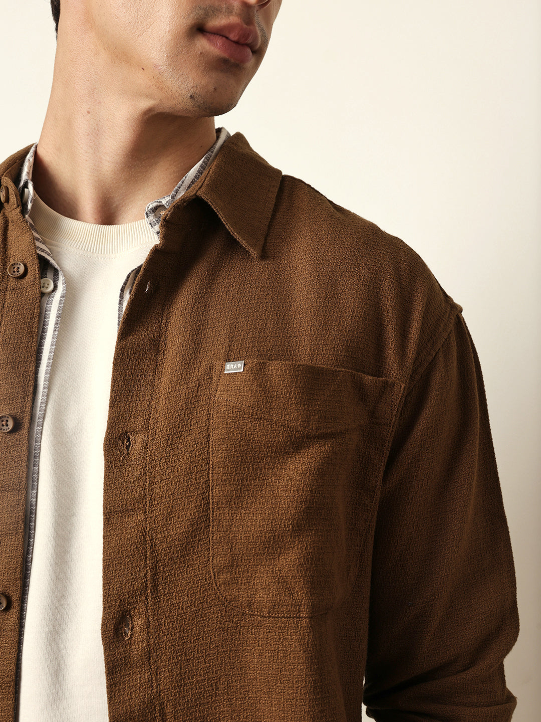 Mustard Textured Crepe Relaxed Fit Overshirt