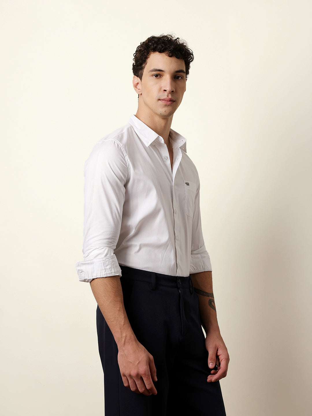 White Woven Textured Solid Slim Fit Casual Shirt