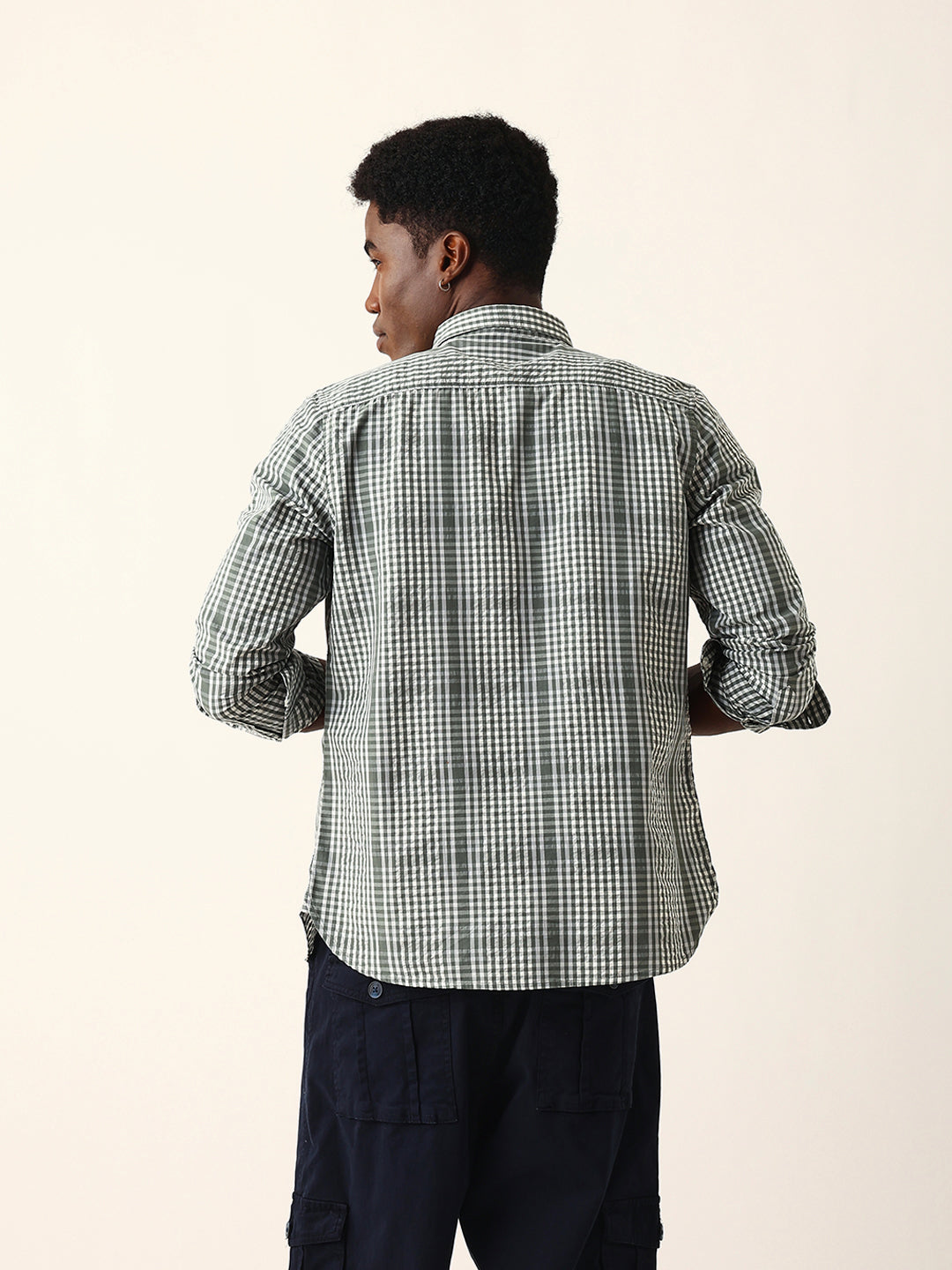 Green & White Woven Micro Checked Slim Fit Casual Shirt