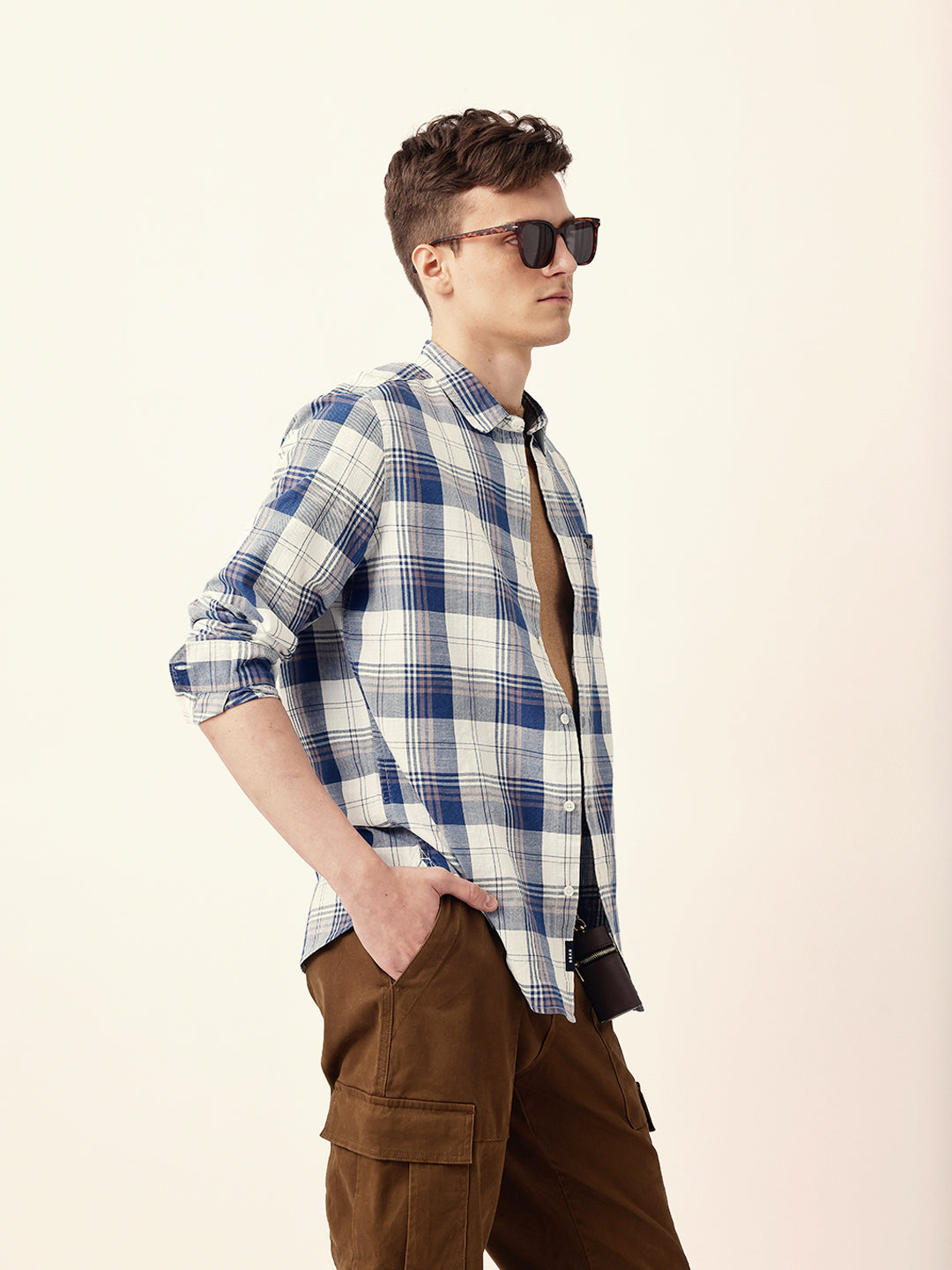 Blue Woven Checkered Slim Fit Casual Shirt